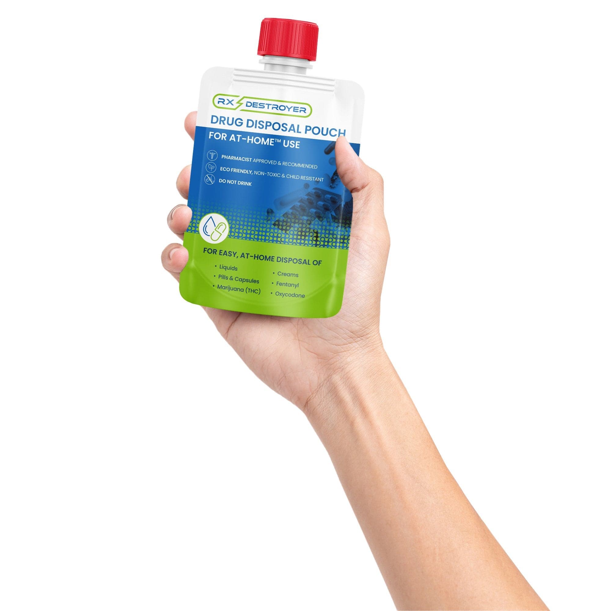 Rx Destroyer pouch — held in hand showing scale